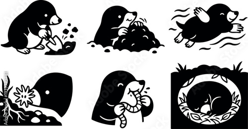 Flat design playful mole characters set showing digging peeking swimming chewing worm sniffing flower sleeping in burrow silhouette side view