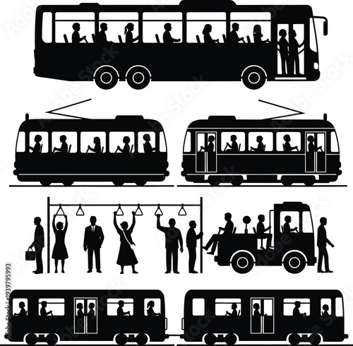 Public transportation silhouettes and scenes