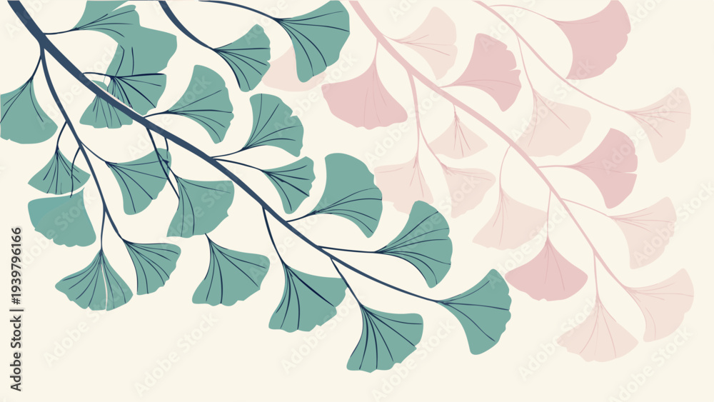 Fototapeta premium Ginkgo Biloba Leaves Pattern Background with Teal and Pink Botanical Foliage for Elegant Wedding Invitations Greeting Cards Interior Design Wall Art and Minimalist Web Graphics