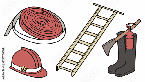 Firefighter Equipment Illustration Safety Gear Hose Helmet Ladder Axe Boots Rescue Service Emergency Response Visual Aid