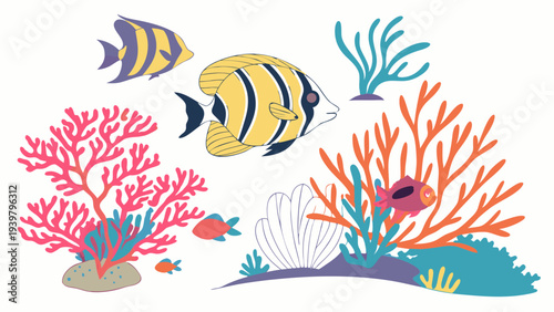 Vibrant Tropical Coral Reef Scene with Colorful Angelfish for Ocean Education Website Design and Children's Book Illustration