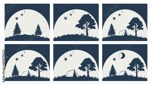 Night Camping Scenes Set Moonlit Forest Silhouette for Adventure Travel Web Design Banners