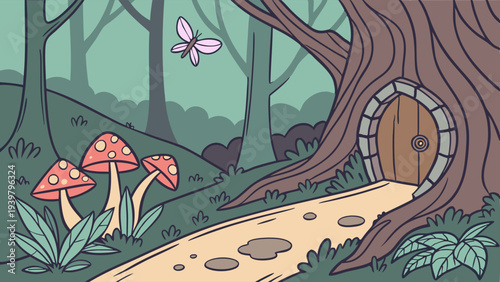 Enchanted Forest Path Leading to Whimsical Tree Trunk Door for Fairytale Children's Book Illustration or Fantasy Game Design