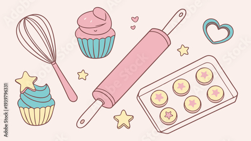 Pastel Pink Baking Tools and Cute Cupcakes for Bakery Web Design Sweet Dessert Icons for Confectionery Promotion