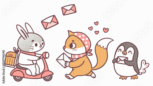 Cute Cartoon Animals Delivering Mail and Love Letters for Holiday Greeting Card Design or Children's Book Illustration