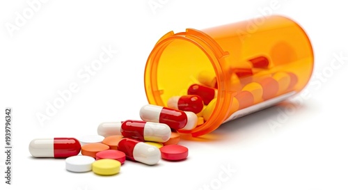 An orange pill bottle lying on its side with various colored capsules spilling out