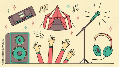 Live Music Event Promotion with Crowd Hands Up Speaker Microphone and Circus Tent for Entertainment Advertising Design