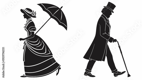 Victorian Couple Silhouette Walking With Parasol And Cane For Historical Event Promotion Or Vintage Design