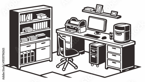 Focused Professional Working at Organized Home Office Desk with Computer and Filing Cabinets for Remote Productivity