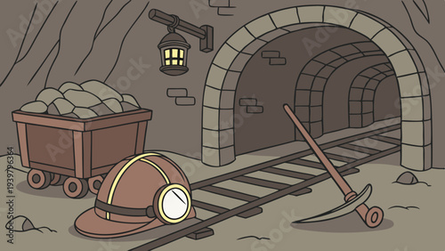 Mining Tunnel Entrance with Coal Cart Helmet and Pickaxe for Industry Resource Extraction Illustration
