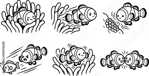 Line art playful clownfish in anemone multiple pose set showing egg guarding chasing protecting and nose bumping cute vector stickers