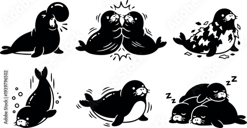 Flat vector cartoon seal icons set showing six playful seal poses kissing sleeping diving and sliding in monochrome silhouette style