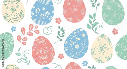 Easter vector illustration featuring eggs with floral designs in pastel colors, surrounded by flowers and leaves in a seamless pattern