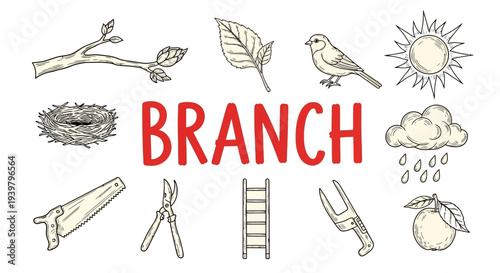 Branch with gardening tools and icons.