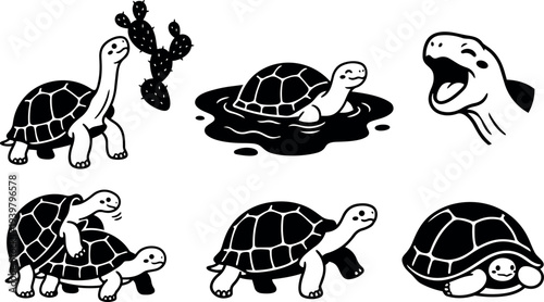 Tattoo flash sheet of six playful tortoises showing smiling heads, crawling poses, stacked pair, peeking shell and yawning head closeup