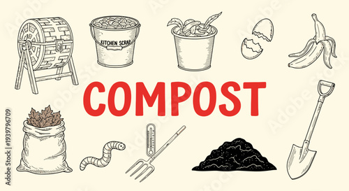 Compost gardening tools and organic waste.