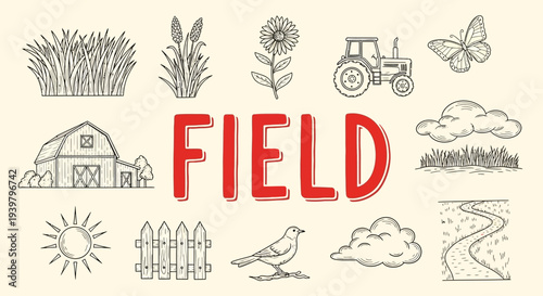 Field with farm and nature elements.