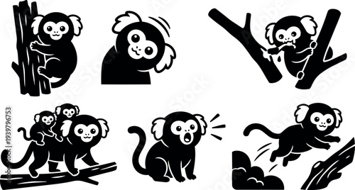Minimalist silhouette koala icon set showing playful family climbing branches jumping and looking at camera in bold black vector