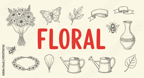 Floral illustrations with gardening tools.