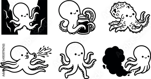 Line art cute octopus icon set showing smiling octopus holding jar, squirting, walking, hiding in cave, ink cloud, playful vector