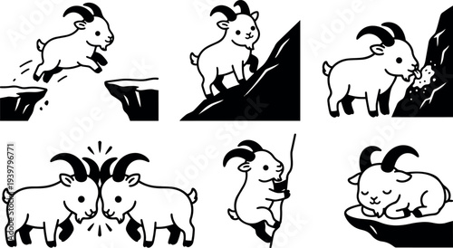 Minimalist line art set of mountain goat icons showing kid goat jumping climbing grazing butting cuddling sleeping on cliff edge