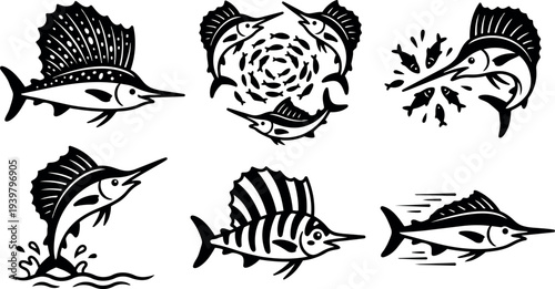Tattoo flash dynamic sailfish icon set showing six marlin poses jumping, schooling, striking bait, and fast stylized black vector silhouettes