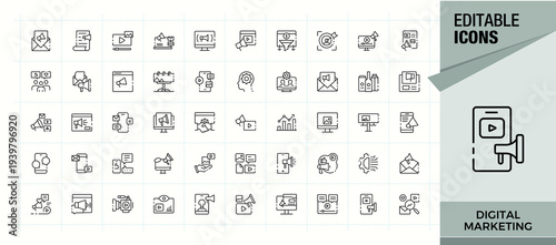 Digital Marketing icon set. Outline icons pack. Online Marketing linear icon collection. Contain linear sign cyberspace, business, advertising, online, media and more.