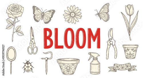 Gardening tools and flowers in bloom.