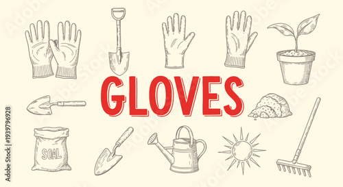 Gardening tools and protective gloves.