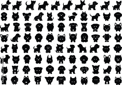 Cute dog and cat silhouettes collection, pet animal icons set, adorable puppy and kitten vector illustration for design and decoration