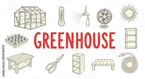 Greenhouse gardening concept with tools.