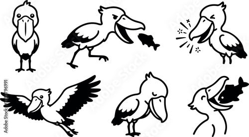 Line art vector set of playful shoebill bird icons in varied poses eating fish flying laughing front view side view