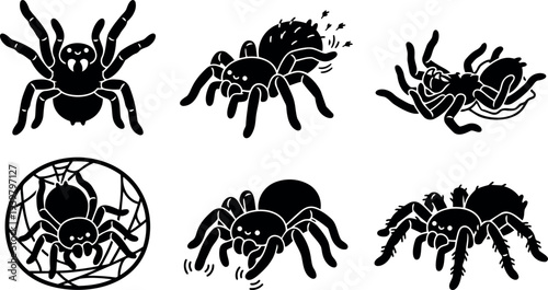 Flat design spider icon set showing six playful tarantula silhouettes in various poses close up angles vector art bold black style