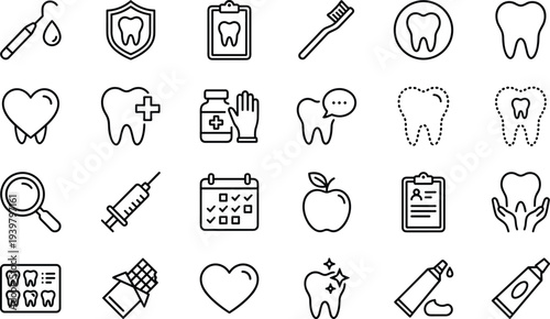 Dental care icons set, oral health illustration collection, tooth hygiene symbols, dentistry and medical treatment graphics, prevention, diagnosis and dental check-up concepts
