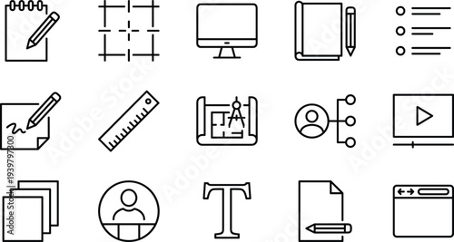 Design and writing icons set, digital content creation and layout concept, cad drawing flat vector illustration, black and white
