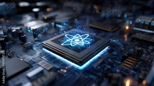 Glowing processor on circuit board close up, semiconductor technology, microchip, artificial intelligence, computer hardware, electronics engineering, data processing, high tech concept