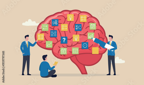 Idea memo, brainstorm or scrum sticky notes, productive plan, memory task reminder, arrangement, thought team meeting wisdom concept, businessman sticky notes human red brain.