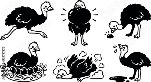 Line art set of six ostrich character poses running looking forward puffed chest pecking egg nesting dust bath sad puddle