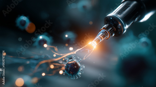 Futuristic medical tool targeting abstract virus cell with energy beam, antiviral treatment, nanotechnology, microbiology, infection control, biotechnology, medical research, healthcare concept