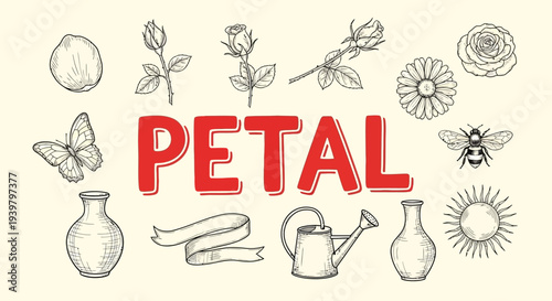 Petal flower illustration with garden tools.