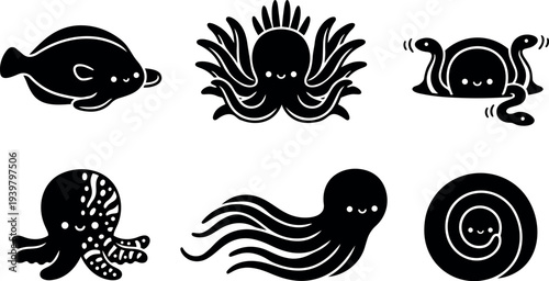 Flat design cute octopus icon set six smiling sea creature silhouettes close up vector art minimal black and white composition friendly