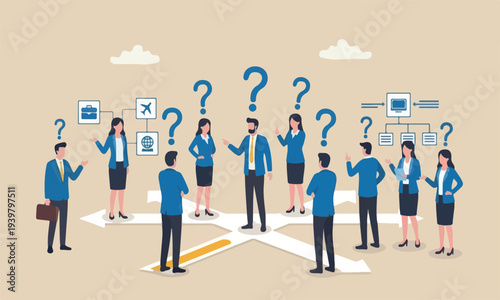 Choose career together choice, decide the right or wrong direction, opportunity challenge, confusion or thinking to find the way concept, confused businessman choosing direction.