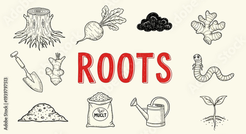 Roots and gardening related icons collection.