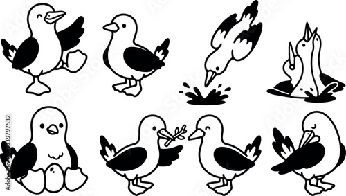 Line art flat cartoon seagull character sheet showing eight poses diving feeding nesting and preening with simple bold strokes expressions