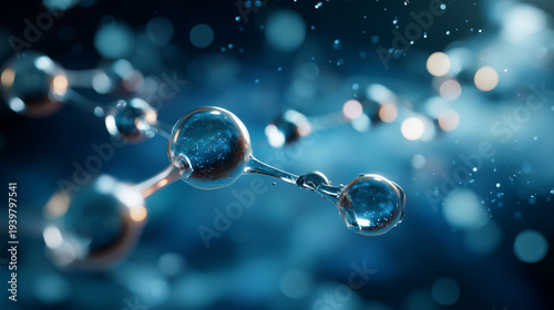 Microscopic Water Molecule Network in Blue Fluid Environment acro illustration showing a network of water molecules suspended in a glowing blue liquid environment, spherical drople