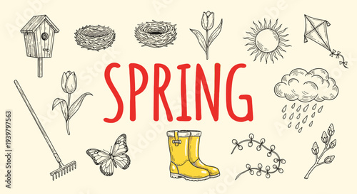 Seasonal Spring Weather and Gardening Icons.
