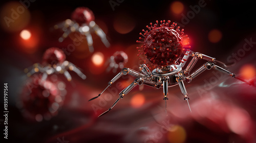 Abstract robotic virus cell in microscopic scene, artificial pathogen, medical research, nanotechnology, infection concept, biotechnology, futuristic microbiology, healthcare science, 3d render