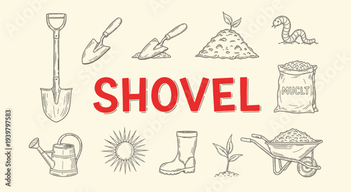 Shovel and gardening tools icons set.