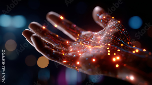 Hand holding glowing digital network connections, data technology, artificial intelligence, big data, cloud computing, innovation, futuristic communication, virtual interface, cybersecurity