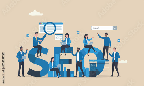 SEO, Search meeting rocket to show in search result page concept, professional people holding magnifying glass, mouse pointer or using laptop sit on analytics graph on the word SEO